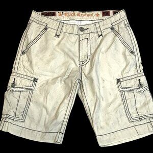 Rock Revival Men's Classic Long Distressed Size 33 Relaxed Cotton Cargo Shorts